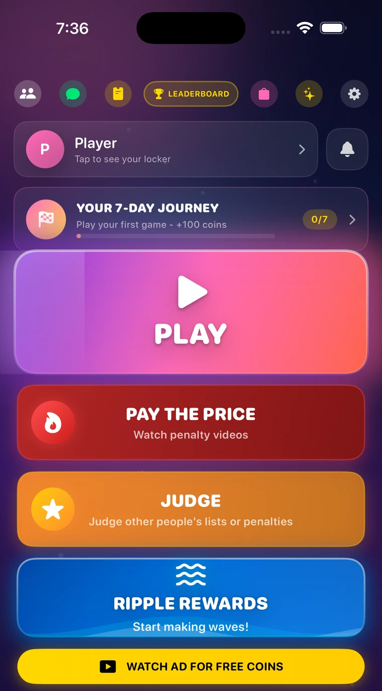 The Top 5ive home screen: Play, Pay The Price, Judge and Ripple Rewards, above a seven-day journey and a daily coin streak.